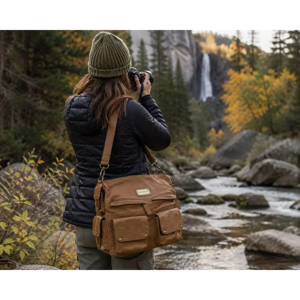 Kelly Moore Two Sues Camera Diaper Messenger Bag Brown Vegan Leather Convertible